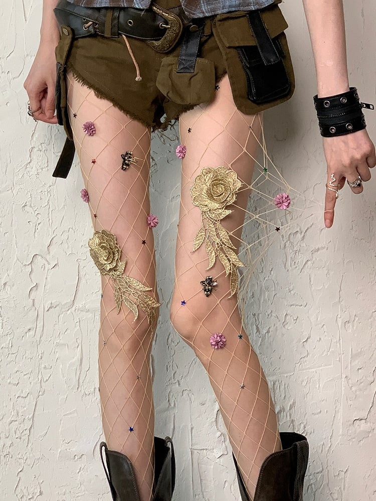 Nude/Black Wasteland Punk Floral And Star Details Fishnet Tights