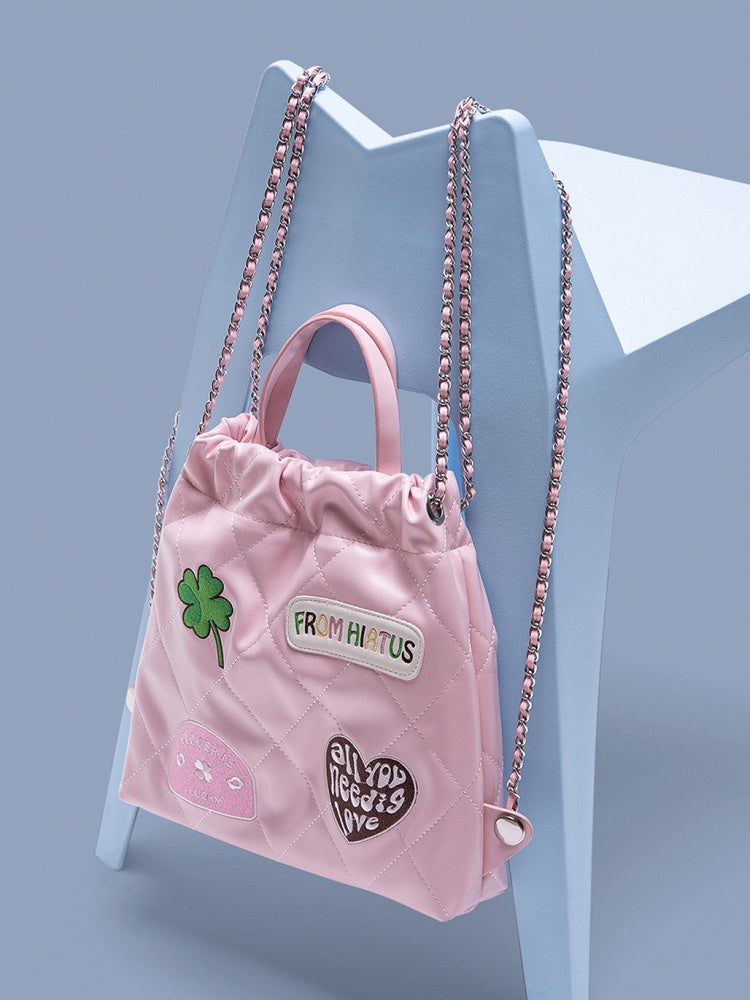 Sweet Pink Diamond Quilted Drawstring Backpack With Clover And Letter Embroidery