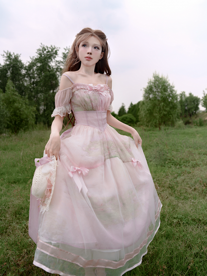 Oil Painting Water Lily Print Basque Waist Light Pink Dress with Organza Overlay