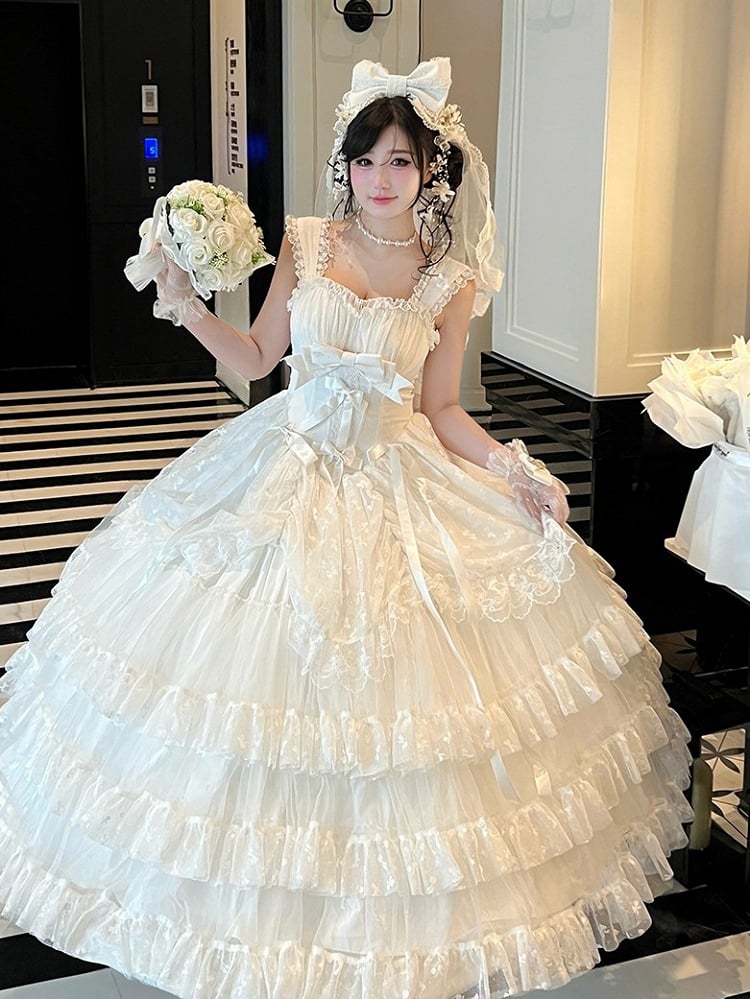 White Layered Ruffles Lace Shiro Lolita Dress with Bow Accents