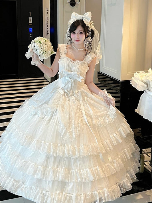 White Layered Ruffles Lace Shiro Lolita Dress with Bow Accents