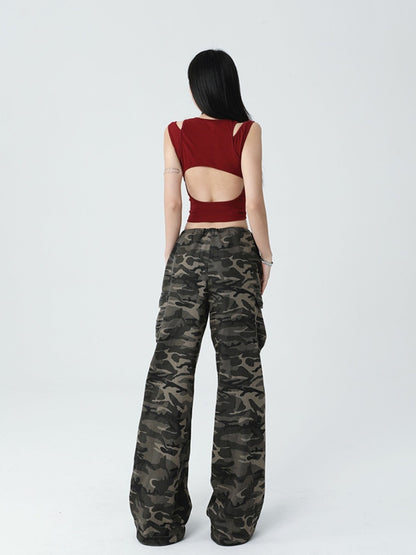 Gothic Wine Red Cross Print Backless Glamorous Cropped Sleeveless Top