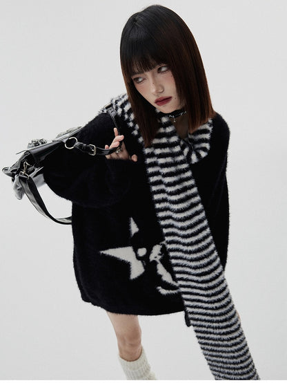 Black Punk Skeleton V-neck Oversized Sweater / Black and White Striped Scarf