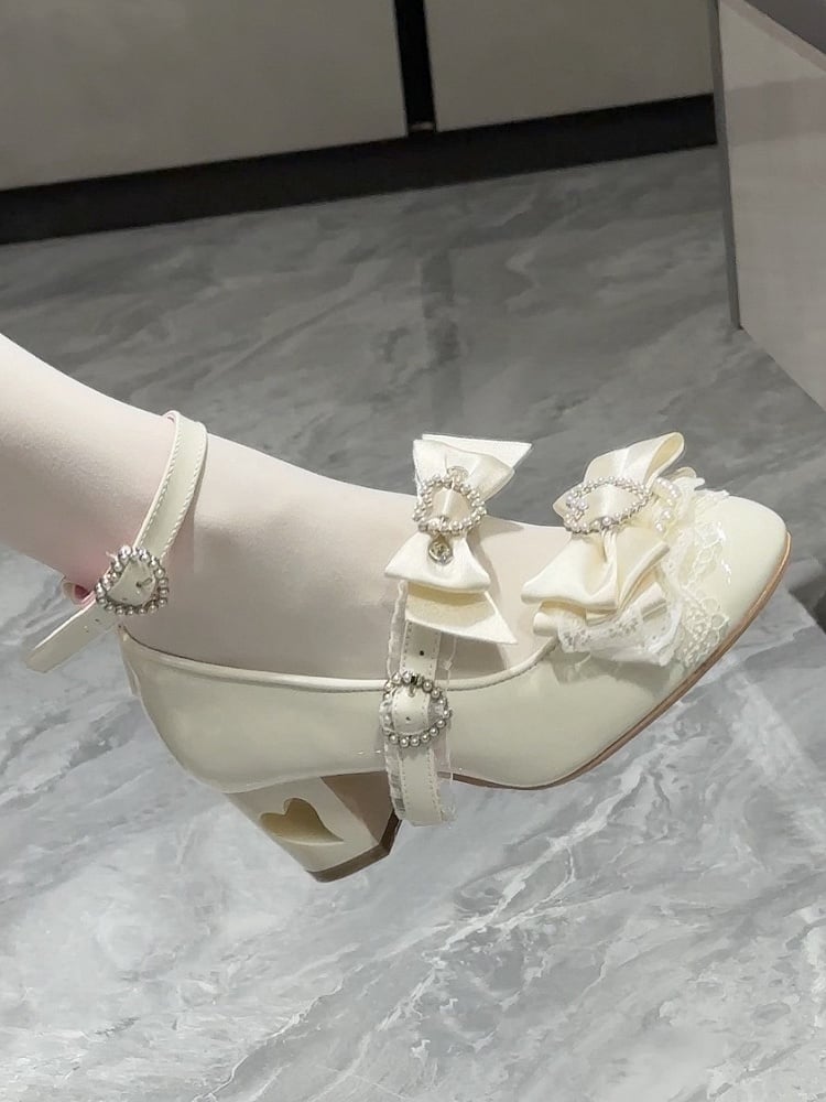 White Bow at Top Heart Cut-out Heels Mary Janes