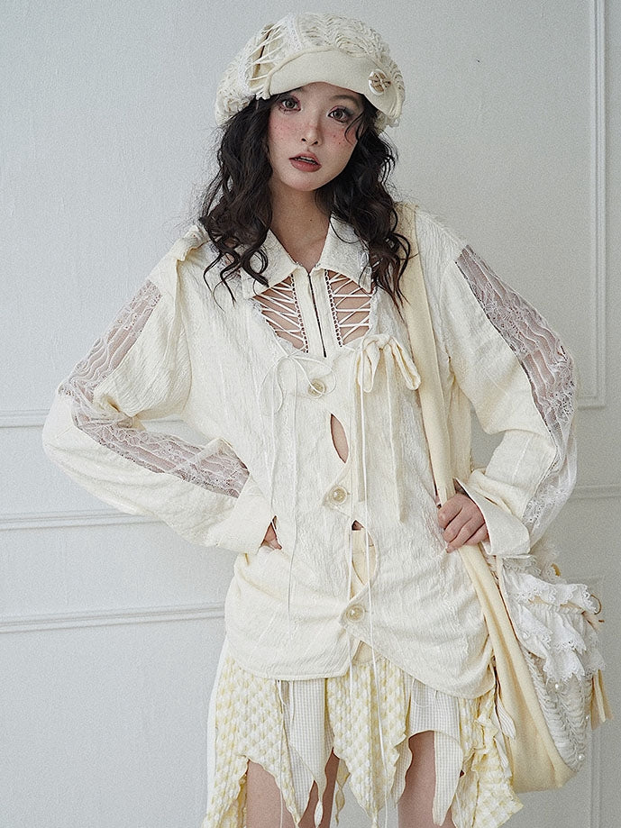 Lace-up Detail Beige Bowknot Details Long Sleeves Shirt