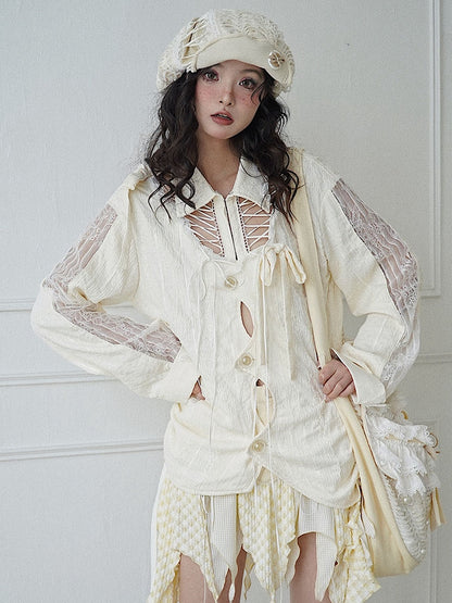 Lace-up Detail Beige Bowknot Details Long Sleeves Shirt