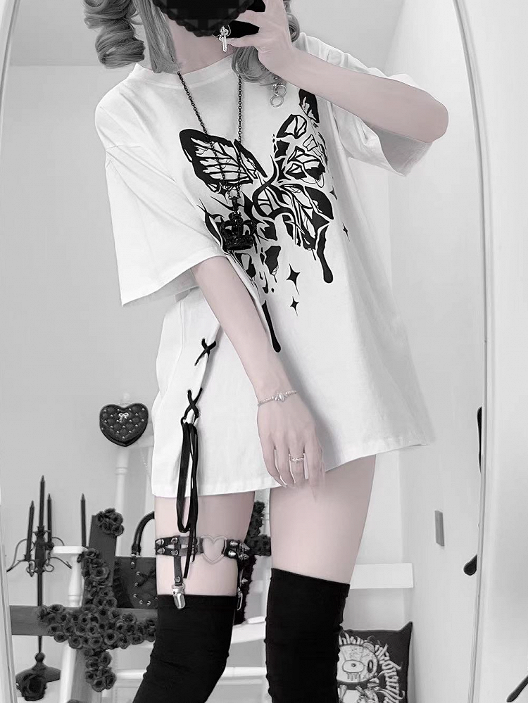 Broken Butterfly Print Lace-up Side Black/White Jirai Kei T-shirt