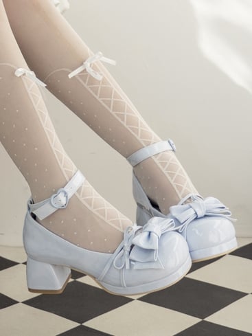 Bow at Top Blue Round Toe Sweet Mary Janes Ankle Strap