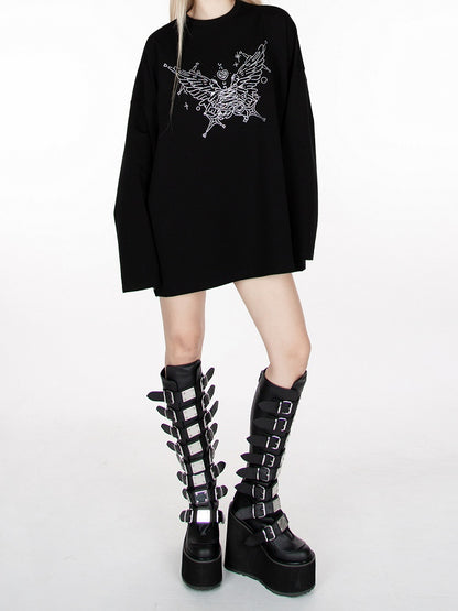 Black Rhinestone Butterfly Loose Sweatshirt