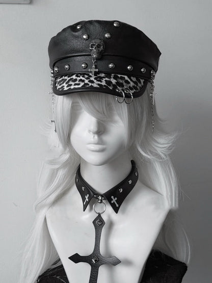 Y2K Gyaru Fashion Leopard PU Cross Charm Punk Studded Hat