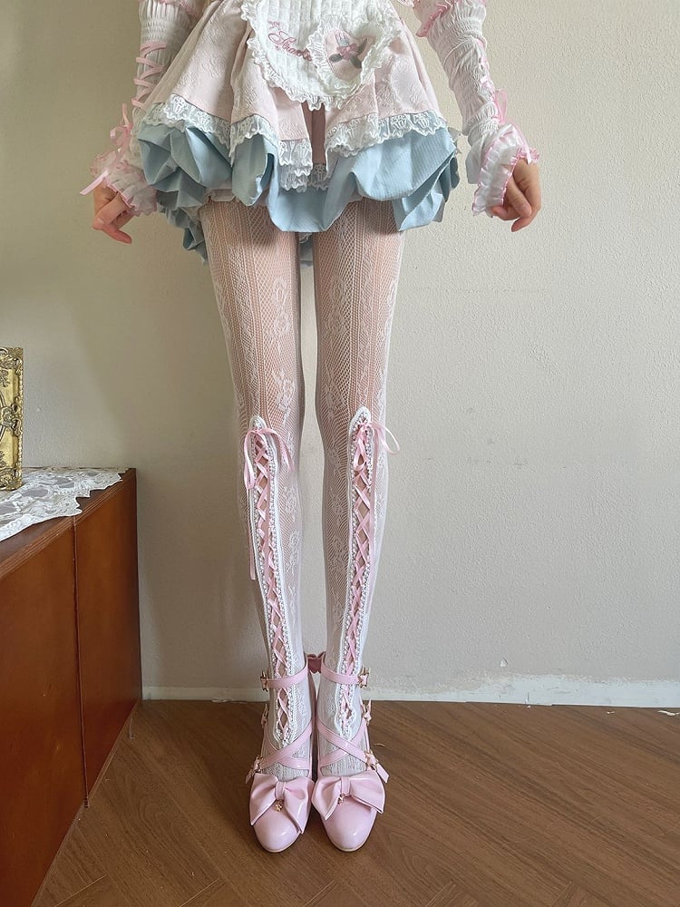 White Floral Pattern Hollow-out Tights With Pink Lace-up Design