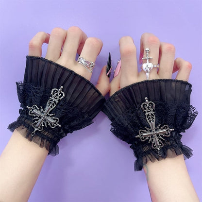 Black Gothic Cross Decorated Lace Trim Wrist Cuffs