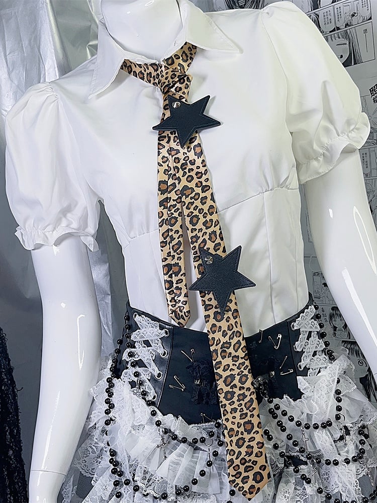 Brown Y2K Star Applique Leopard Pattern Neck Tie