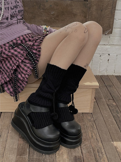 Black/White Bow Knitted Leg Warmers