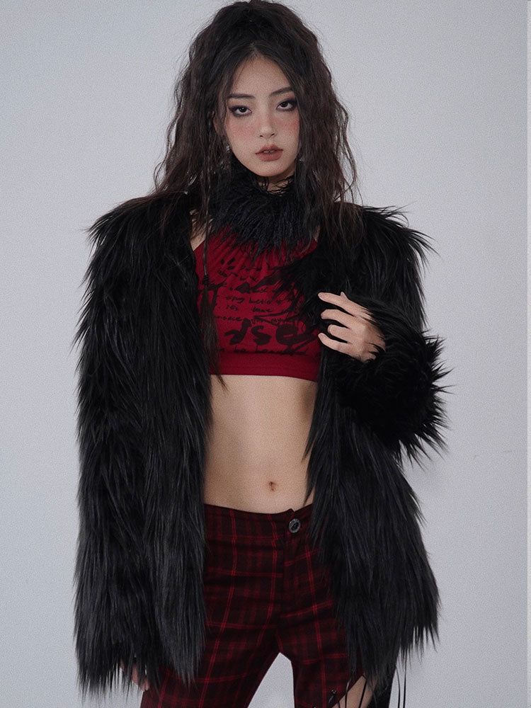 Black Punk Faux Fur Coat
