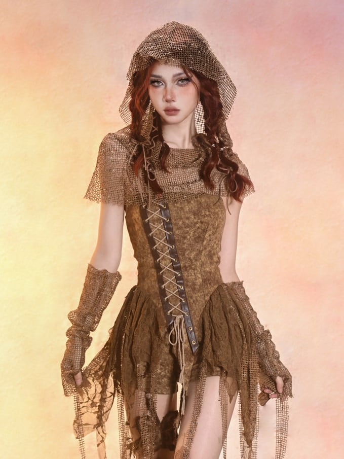 Wasteland Punk Summer Mesh Sleeves with Ruffles
