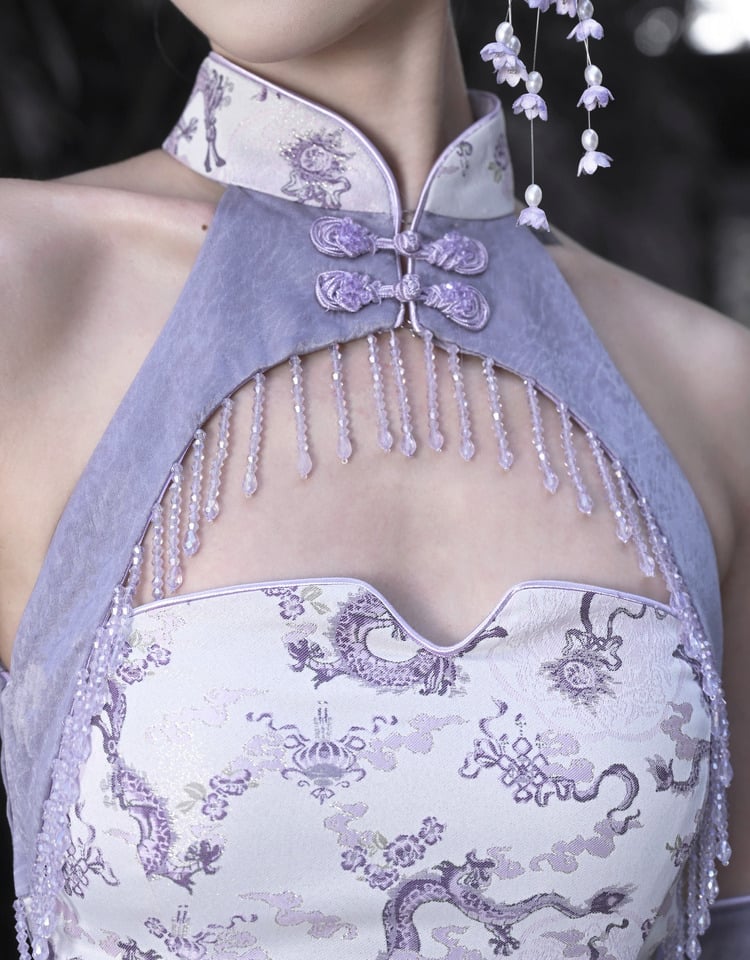 Purple Cheongsam Banded Collar Halter Neck Top Chinoiserie Dragon Print