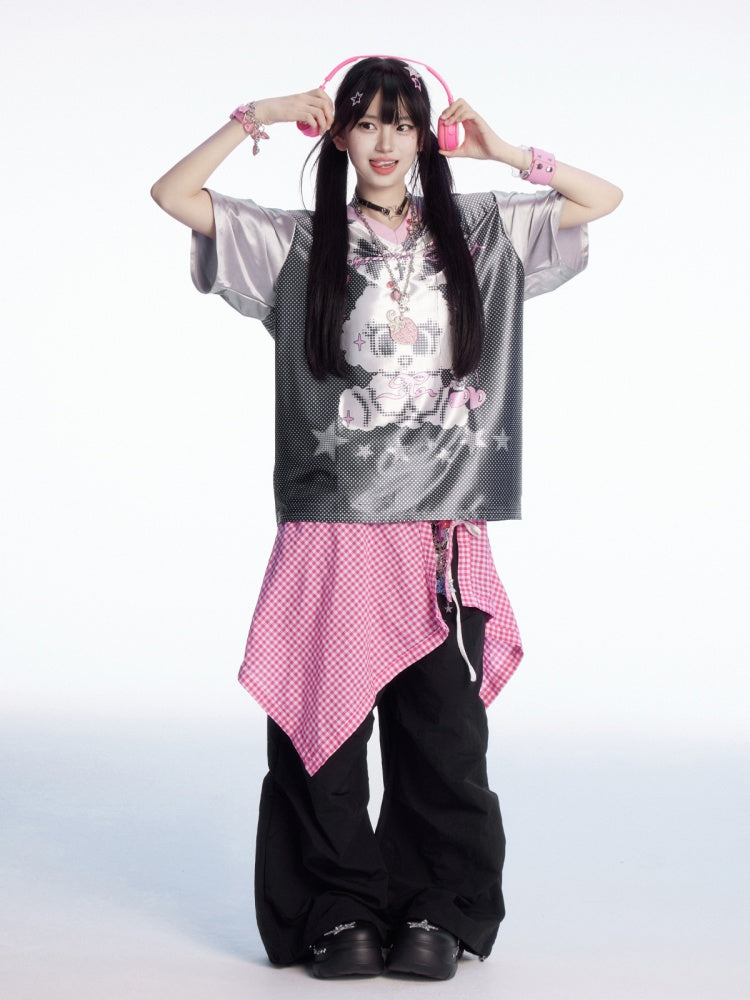 Plaid Patchwork Waist Drawstring Cuffs Black Wide-leg Casual Pants