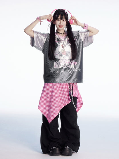 Plaid Patchwork Waist Drawstring Cuffs Black Wide-leg Casual Pants