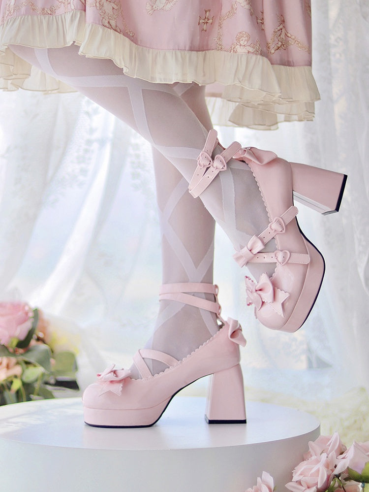 Pink Sweetheart and Bow Accents Sweet Lolita Platform High Block Heels