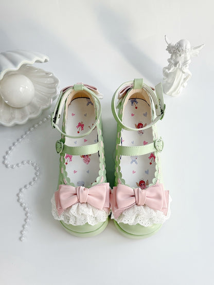 Apple Green Bow at Top Lace Trim Heart Buckles Platforms