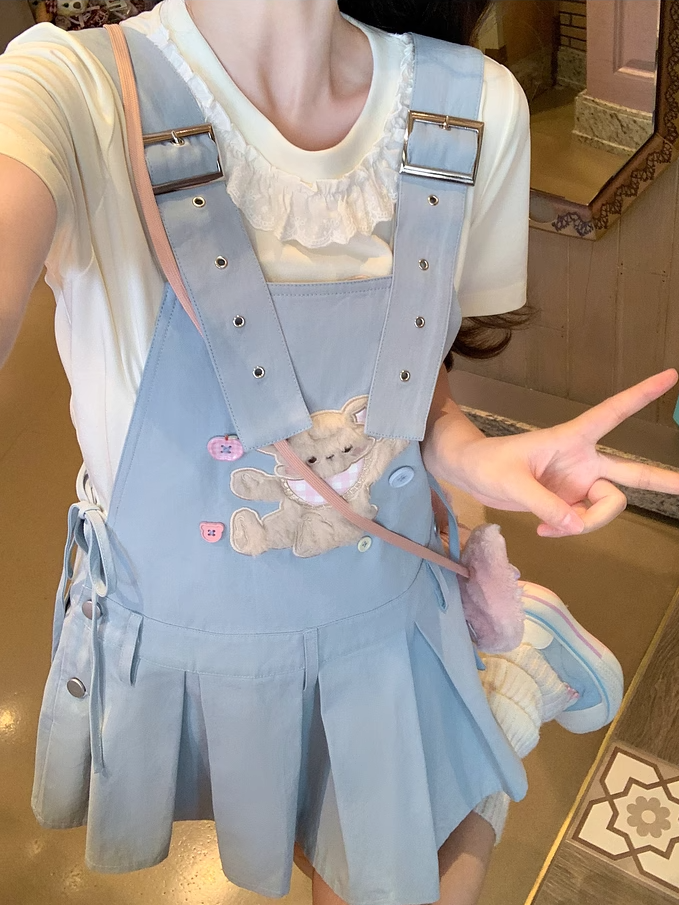 Plush Bear Applique Blue Box Pleat Overall Dress Adjustable Shoulder Straps