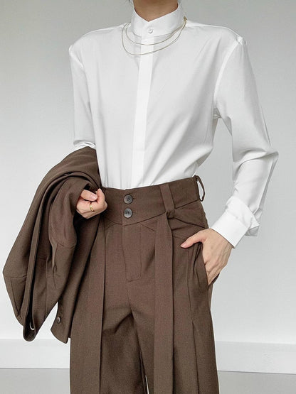 Ouji Lolita White Unisex Long Sleeve Shirt with Mandarin Collar & Button-Down Front