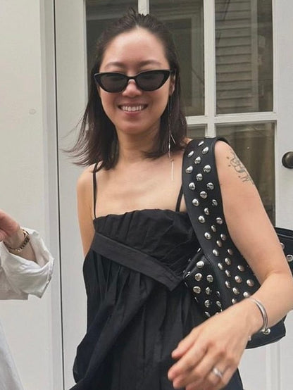 Edgy Black Studded Wide-Strap Shoulder Bag