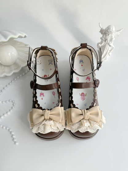 Chocolate Brown Bow at Top Lace Trim Heart Buckles Platforms