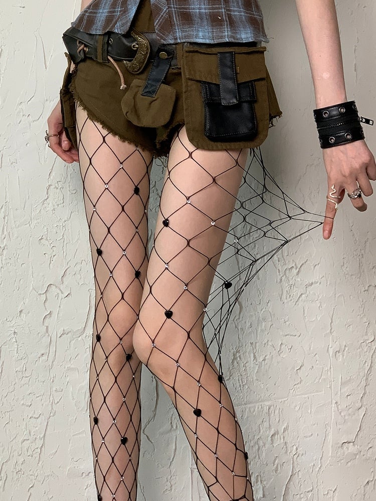 Black/White Y2K Heart Details Rhinestone Decorated Fishnet Tights