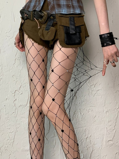 Black/White Y2K Heart Details Rhinestone Decorated Fishnet Tights