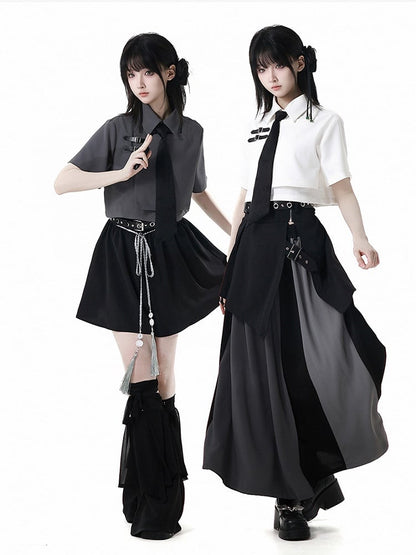 Black and Gray Colorblock Design Elastic Waist Skirt