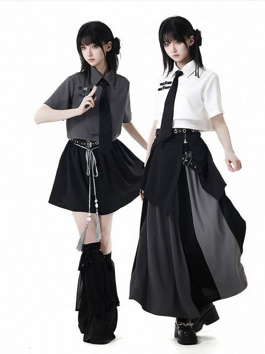 Black and Gray Colorblock Design Elastic Waist Skirt