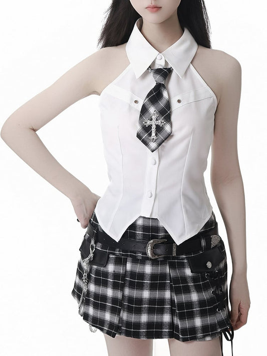 Y2K Lace-up Detail Black & White/ Khaki Plaid Skort with Buckle Belt and Chain