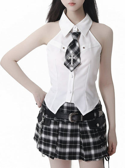 Preppy Style Curved Hem White/Beige Sleeveless Shirt with Cross Decorated Plaid Tie