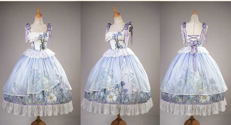 Plus Sizes Available Floral Print Bowknot Straps Dress Elegant Classic Lolita Jumper Skirt