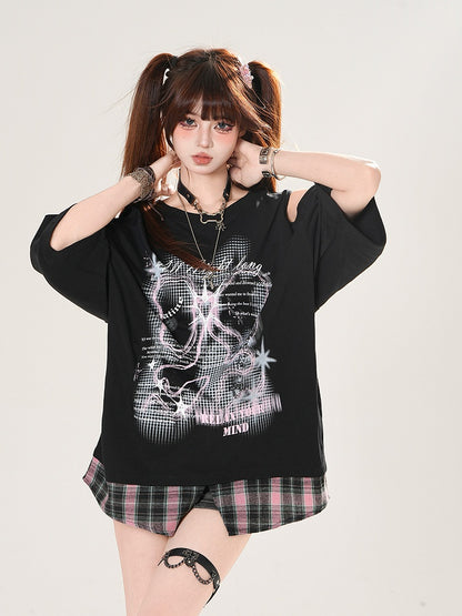 Plaid Hem Cutout Shoulder Black/White Graphic T-shirt