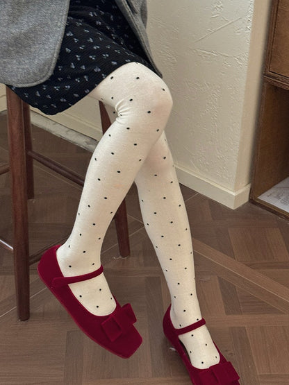 White/Light Coffee/Dark Grey/Black Polka-dot Pattern Tights