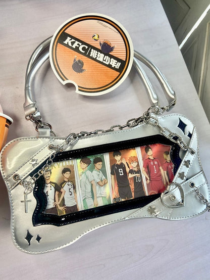 Silver & Black Bone Shape Ita Shoulder Bag with Cross Charm Chain