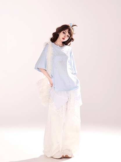 Bowknot and Key Rhinestones Lace Trim Blue Round Neck Loose T-shirt