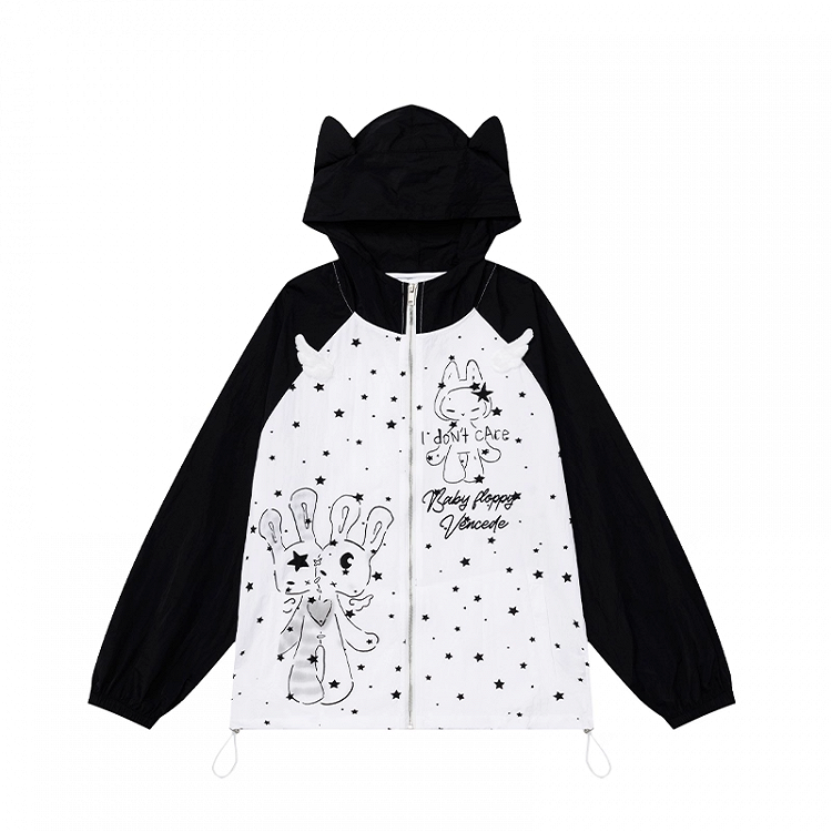 Kitty Ears Design Hood Cartoon Print Black/Green Colorblock Zip-up Jacket