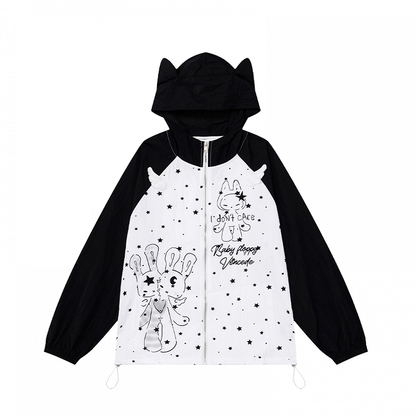Kitty Ears Design Hood Cartoon Print Black/Green Colorblock Zip-up Jacket