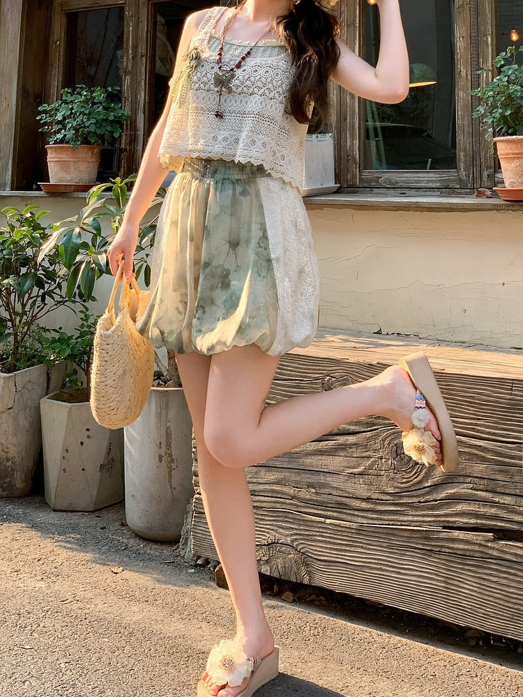 Mori Kei Green Elastic Waist Tie Dye Lace Patches Side Shorts