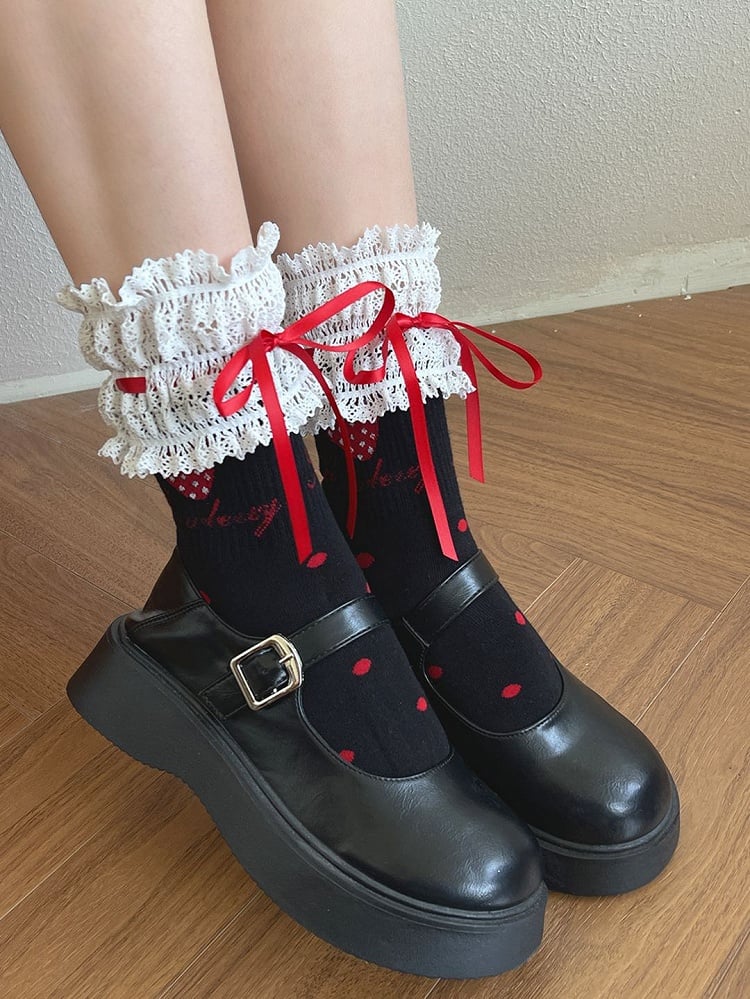 White/Black Sweet Strawberry Bowknot Details Lace Trim Calf Socks