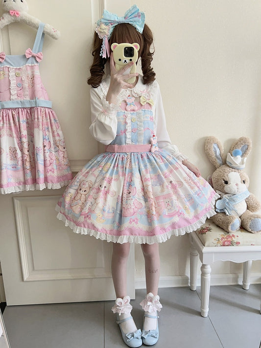 Teddy Bear Print Blue Sweet Lolita Overall Dress