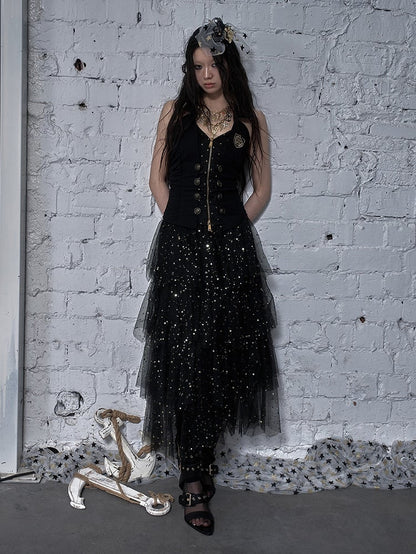 Black/White/Apricot Elastic Waist Sequin Details Tiered Mesh Skirt