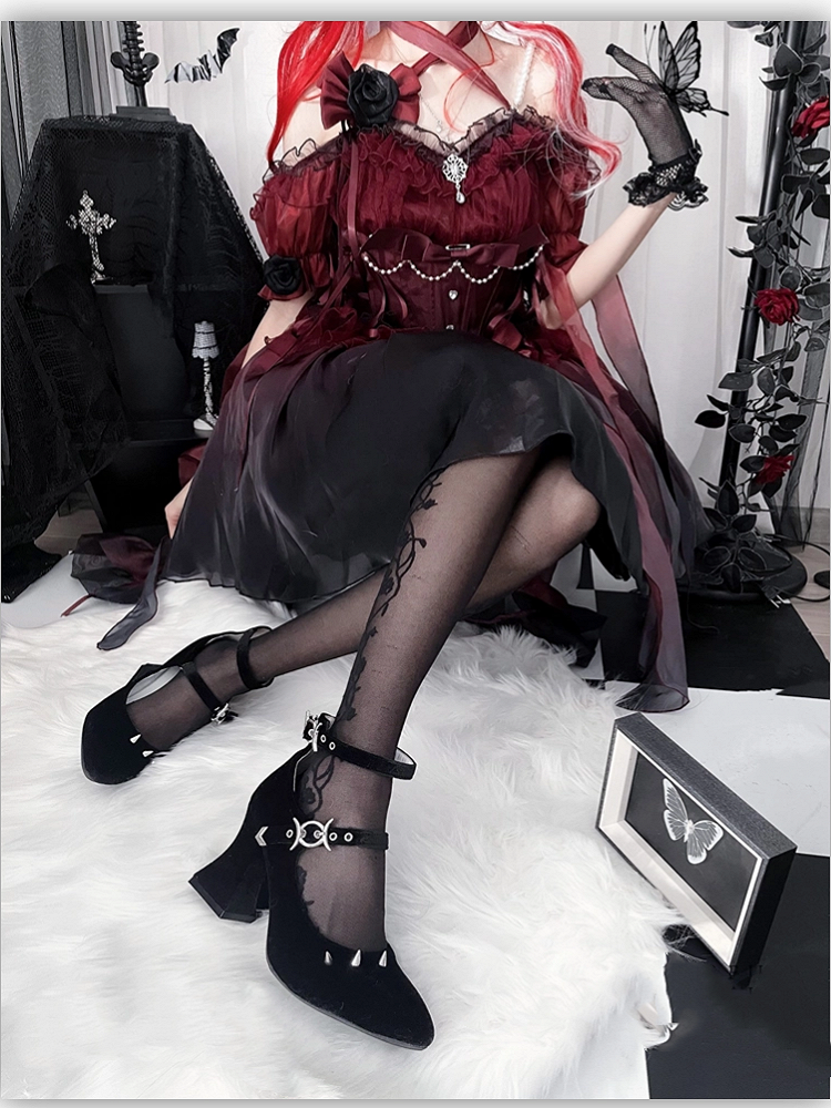 Punk Silver Studs Black Gothic Witch Lolita Velvet High Heels