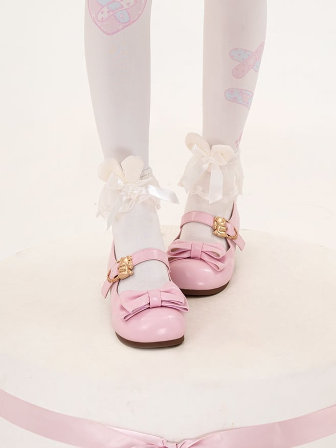 Pink Bow at Top Sweet Lolita Flats with Hugging Bear Heart Buckles