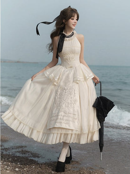 Creamy Delicate Embroidery Detail Classic Lolita Backless Halter Neck Dress