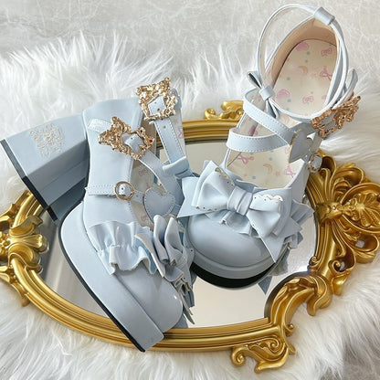 Blue Bear Buckle Straps Bowknot High Block Heels with Bear Embroidery